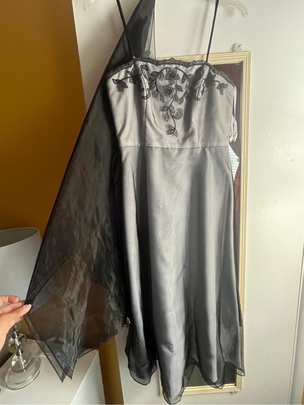 David's Bridal Black and Silver A-Line Skirt with Floral Embroidery
